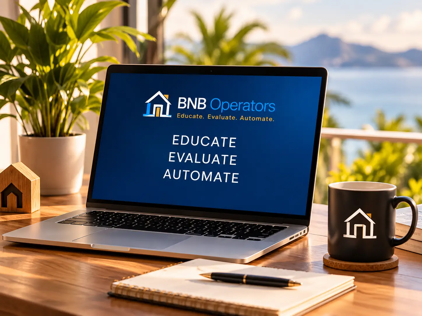 Laptop displaying the BNB Operators Educate, Evaluate, Automate framework