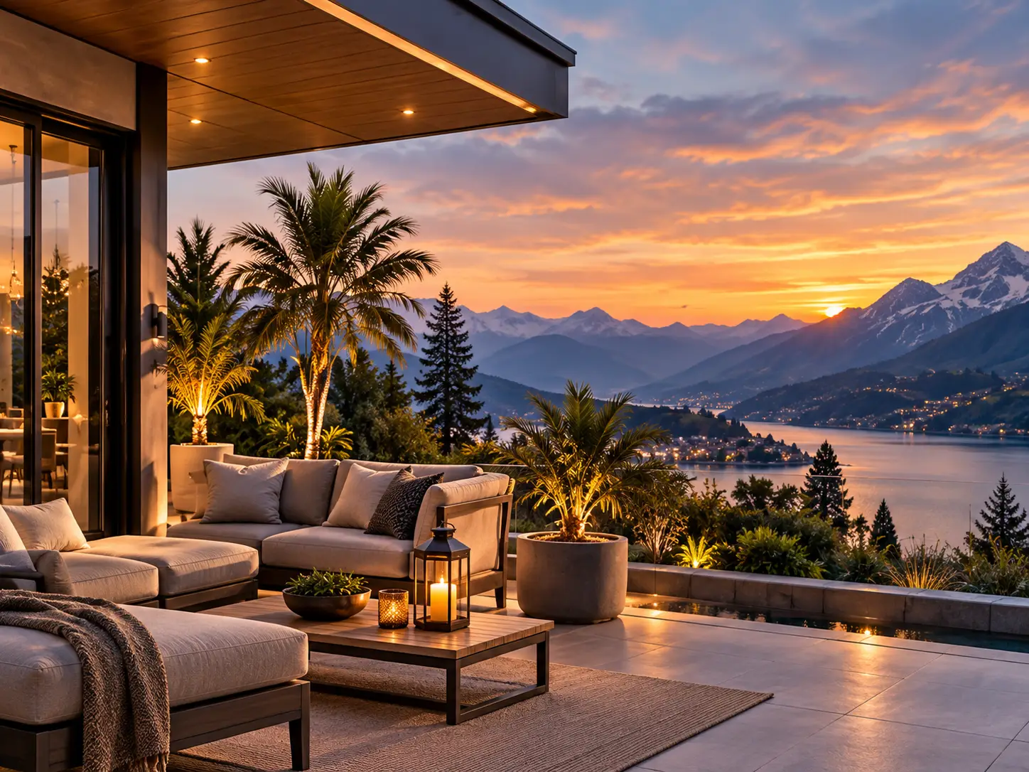 Luxury home patio overlooking a lake and mountains at sunset