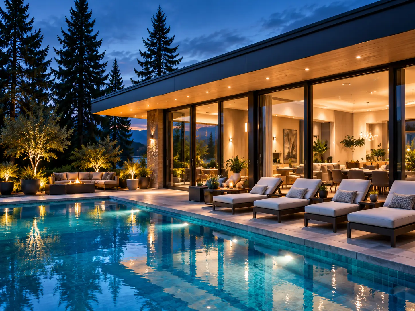 Modern vacation home with a lit pool at dusk